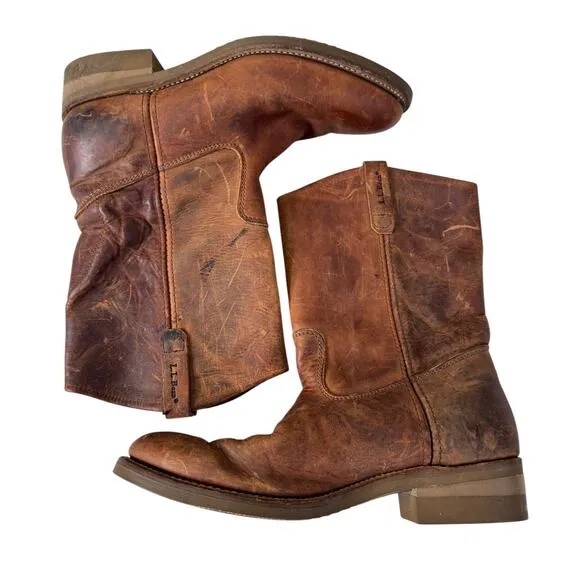 LL Bean Leather Saddle Brown Cowboy Boots Goodyear Soles Men's 10.5 D EUC