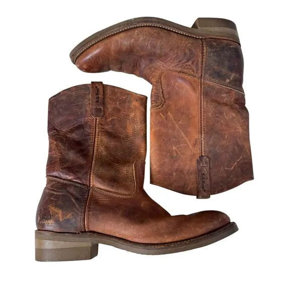 LL Bean Leather Saddle Brown Cowboy Boots Goodyear Soles Men's 10.5 D EUC