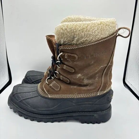 LL Bean Mens Winter Boots 10 M Brown Leather Sherpa Insulated Rubber Snow Pac