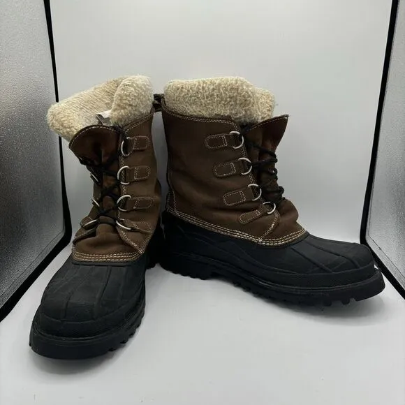 LL Bean Mens Winter Boots 10 M Brown Leather Sherpa Insulated Rubber Snow Pac