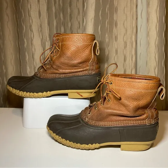 LL Bean Vintage Leather 8&quot; Flannel Lined Men's 12 Brown Duck Boots Maine USA