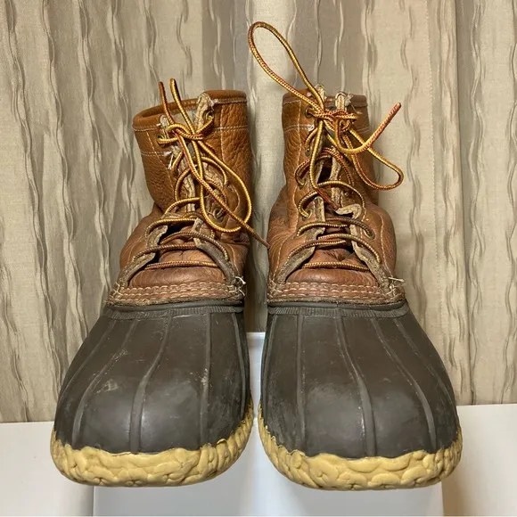 LL Bean Vintage Leather 8&quot; Flannel Lined Men's 12 Brown Duck Boots Maine USA