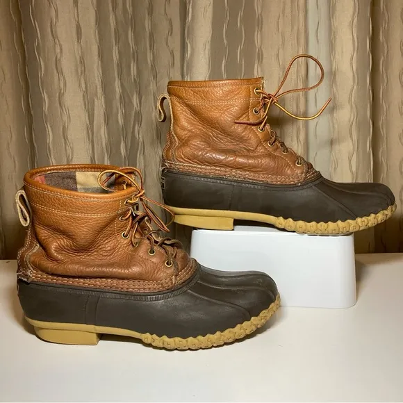 LL Bean Vintage Leather 8&quot; Flannel Lined Men's 12 Brown Duck Boots Maine USA