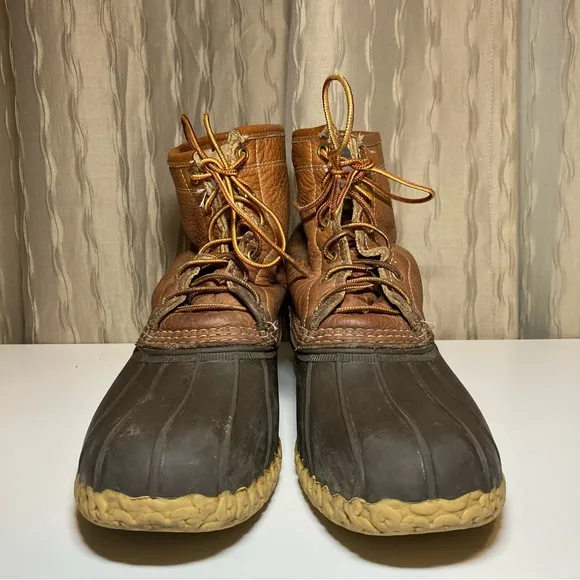 LL Bean Vintage Leather 8&quot; Flannel Lined Men's 12 Brown Duck Boots Maine USA
