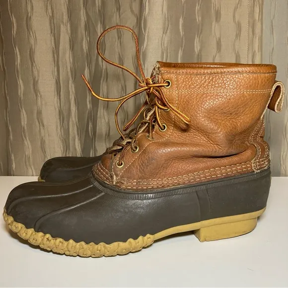LL Bean Vintage Leather 8&quot; Flannel Lined Men's 12 Brown Duck Boots Maine USA