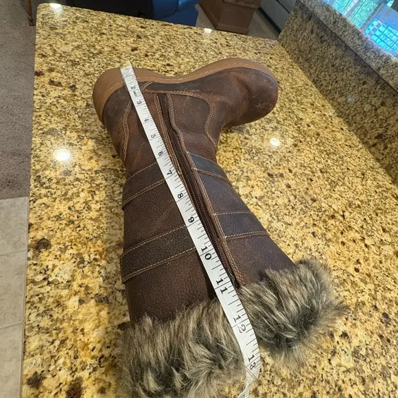 LL Bean Waterproof Tall Brown Leather Nordic boots size 7.5 M Faux Fur Trim EUC