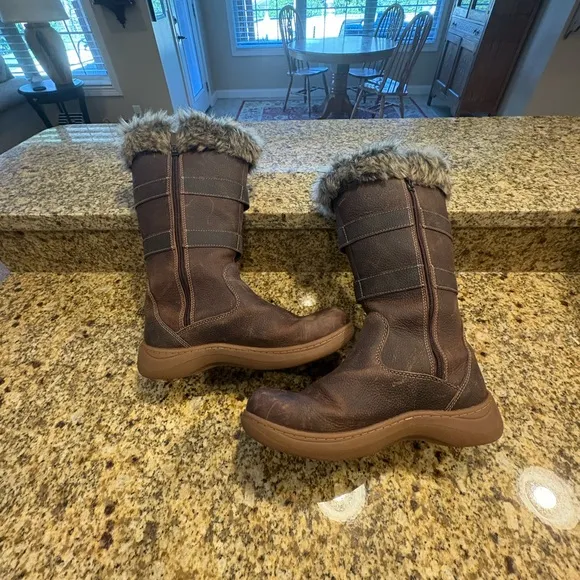 LL Bean Waterproof Tall Brown Leather Nordic boots size 7.5 M Faux Fur Trim EUC