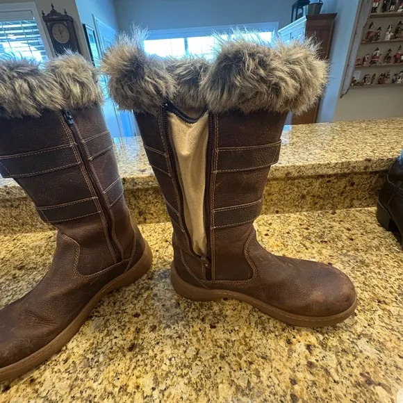 LL Bean Waterproof Tall Brown Leather Nordic boots size 7.5 M Faux Fur Trim EUC