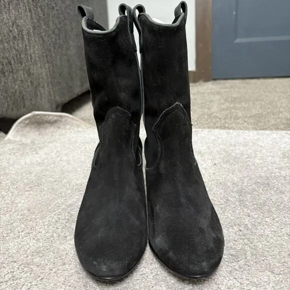 LL Bean Womens Black Leather Suede Pull On Heeled Boots Size 9.5 Calf Western