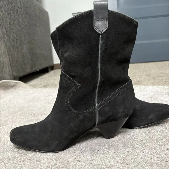 LL Bean Womens Black Leather Suede Pull On Heeled Boots Size 9.5 Calf Western