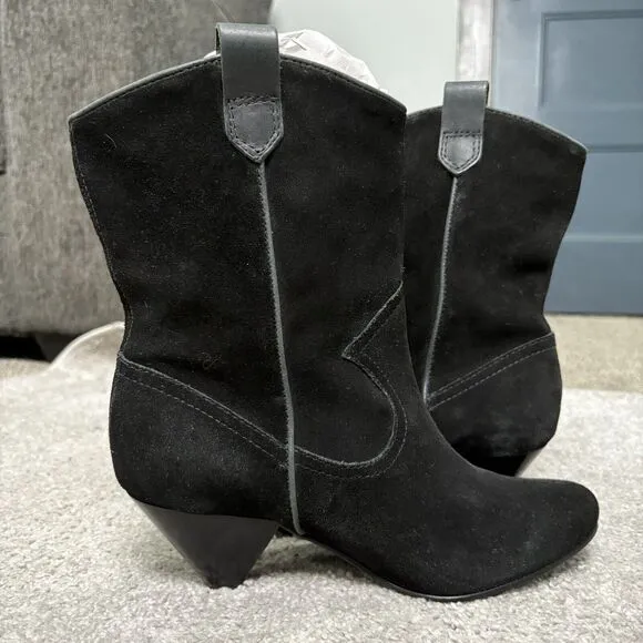 LL Bean Womens Black Leather Suede Pull On Heeled Boots Size 9.5 Calf Western