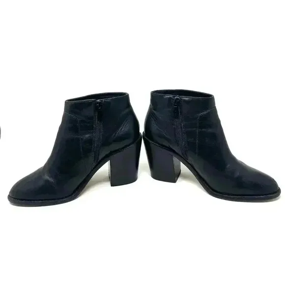 Loeffler Randall Ella Leather Stacked Chunky Heel Ankle Boots - Black - Size 7.5