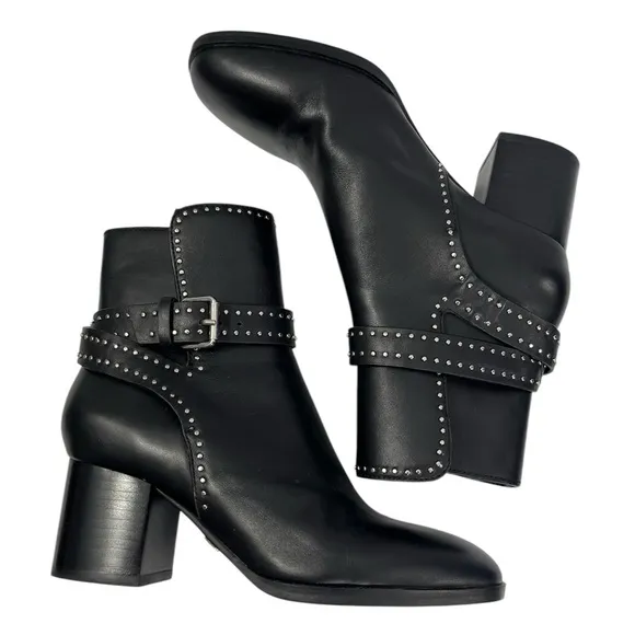 Lola Cruz Black Leather Ankle Boots with Studded Strap, size 36. Worn once!