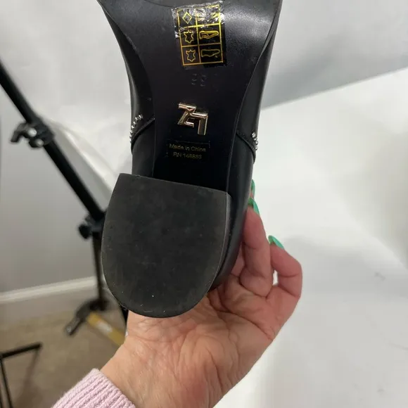 Lola Cruz Black Leather Ankle Boots with Studded Strap, size 36. Worn once!