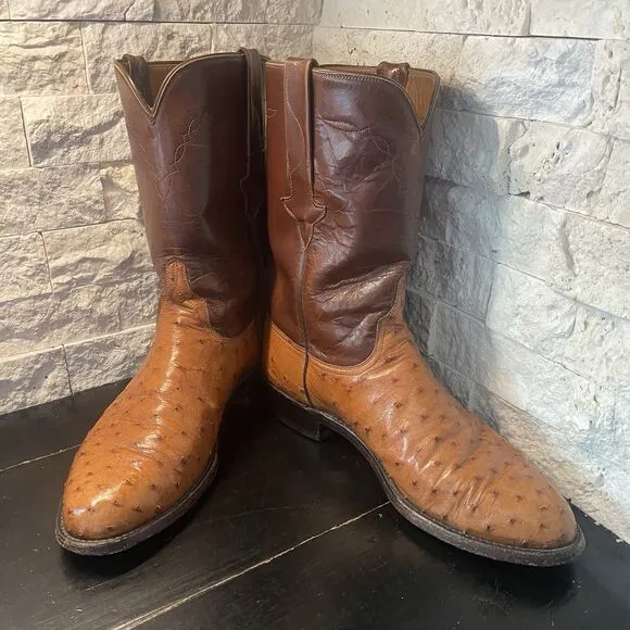 Lucchese Boots Mens Full Quill Ostrich Leather Roper 9.5 D Brown L8134R 33982
