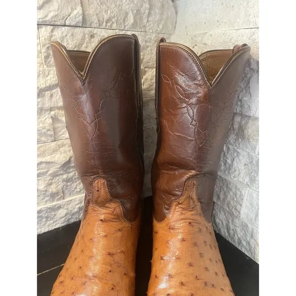 Lucchese Boots Mens Full Quill Ostrich Leather Roper 9.5 D Brown L8134R 33982