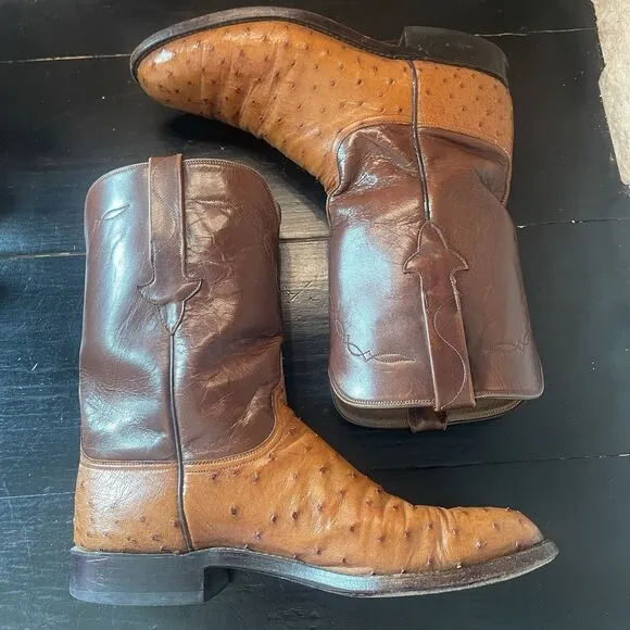 Lucchese Boots Mens Full Quill Ostrich Leather Roper 9.5 D Brown L8134R 33982