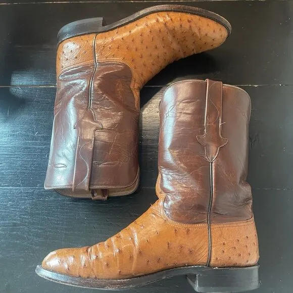 Lucchese Boots Mens Full Quill Ostrich Leather Roper 9.5 D Brown L8134R 33982