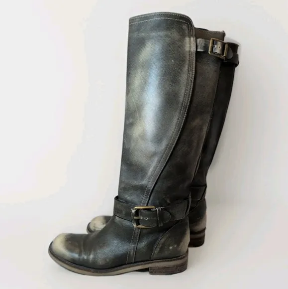 Lucky Brand Angelika Gray Leather Riding Boots | Buckle Detail | Women's 9