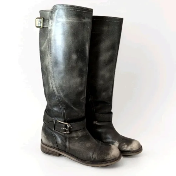 Lucky Brand Angelika Gray Leather Riding Boots | Buckle Detail | Women's 9