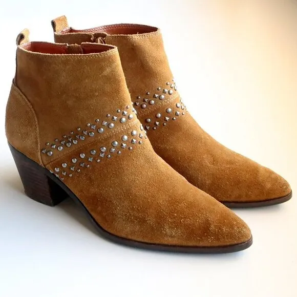 Lucky Brand Latinia Brown Suede Leather Almond Toe Studded Ankle Boots Booties 7
