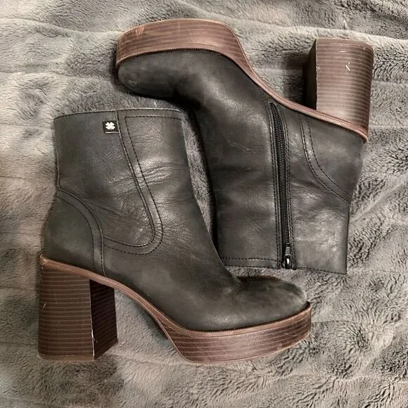 Lucky Brand Olliner Black Leather Platform Chunky Stack Heel Ankle Boots 9.5