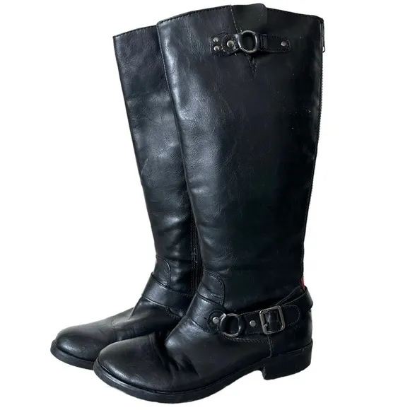Madden Girl Fayetee Black Faux Leather Knee High Moto Riding Boots Size 8.5