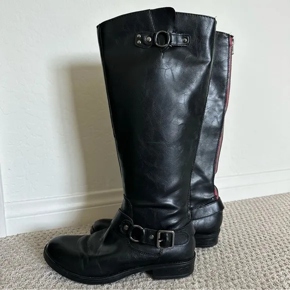 Madden Girl Fayetee Black Faux Leather Knee High Moto Riding Boots Size 8.5