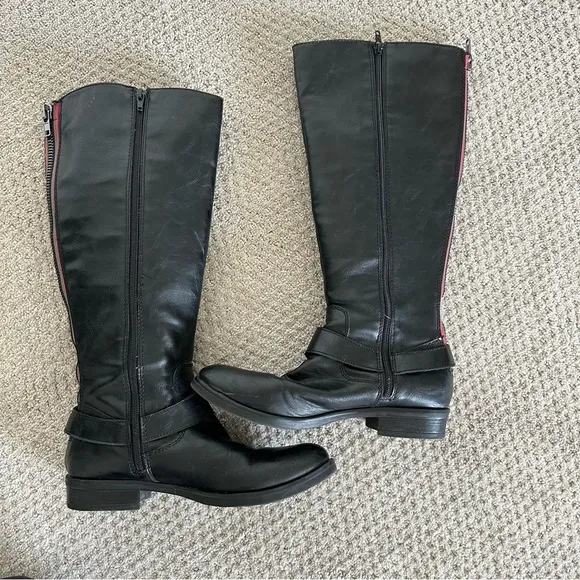 Madden Girl Fayetee Black Faux Leather Knee High Moto Riding Boots Size 8.5