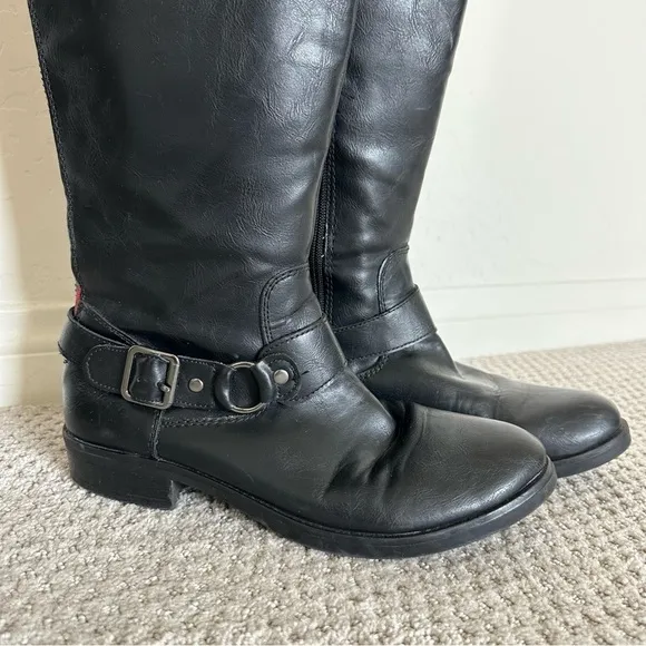 Madden Girl Fayetee Black Faux Leather Knee High Moto Riding Boots Size 8.5