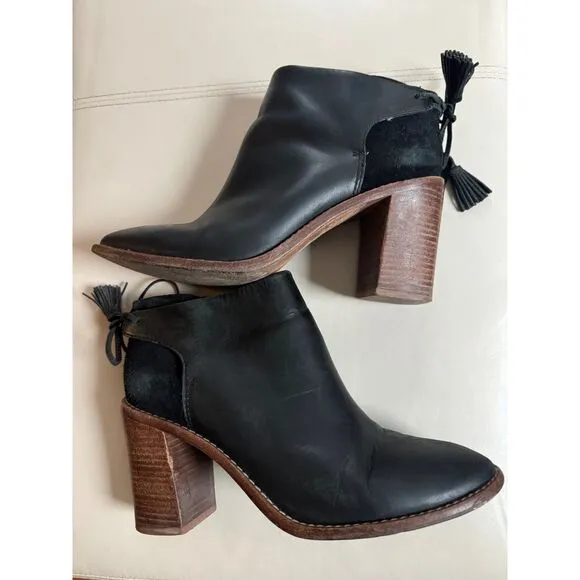 Madewell et Sezane High Heel Tassel Black Leather Ankle Boots Booties Size 8