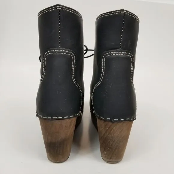 Maguba Swedish Clog Boots Casablanca Black Leather Wood Wedge Heel Size 39