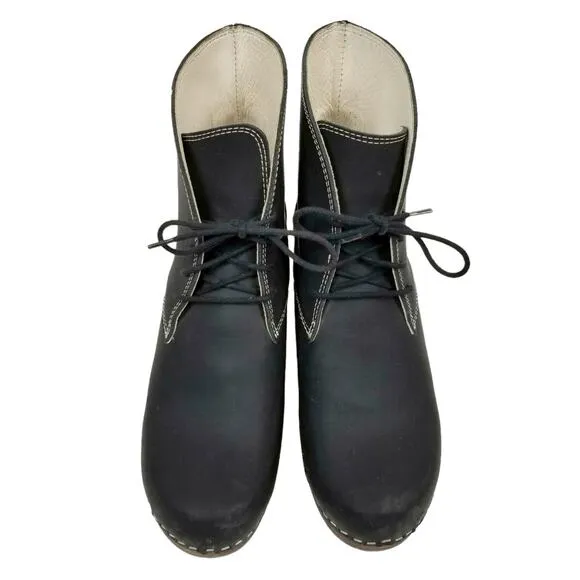 Maguba Swedish Clog Boots Casablanca Black Leather Wood Wedge Heel Size 39