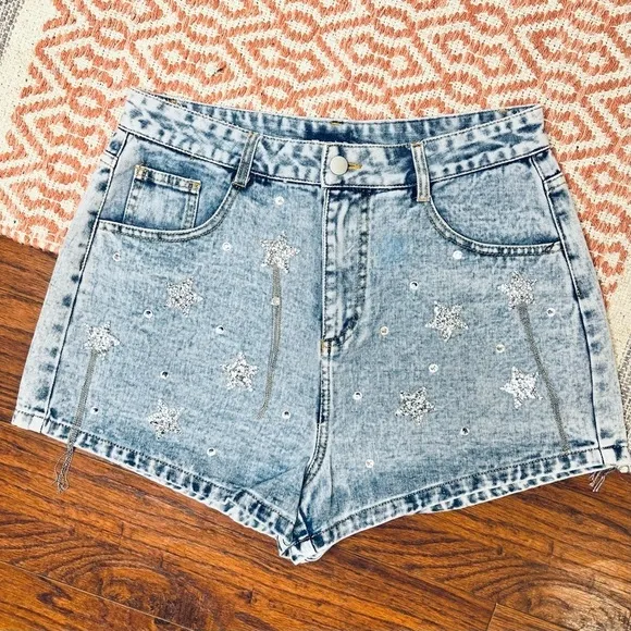 Main Strip Falling Star Celestial Rhinestone Fringe High Rise Denim Jean Shorts