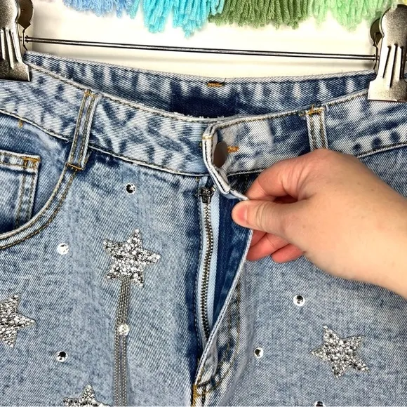 Main Strip Falling Star Celestial Rhinestone Fringe High Rise Denim Jean Shorts
