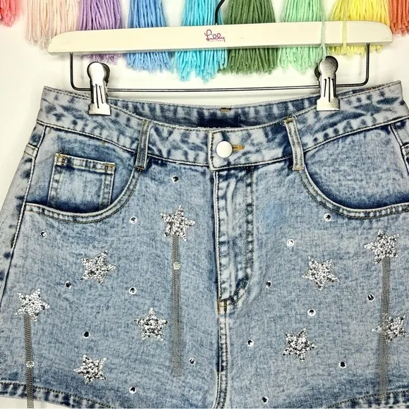 Main Strip Falling Star Celestial Rhinestone Fringe High Rise Denim Jean Shorts