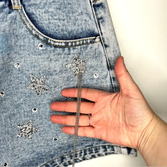 Main Strip Falling Star Celestial Rhinestone Fringe High Rise Denim Jean Shorts