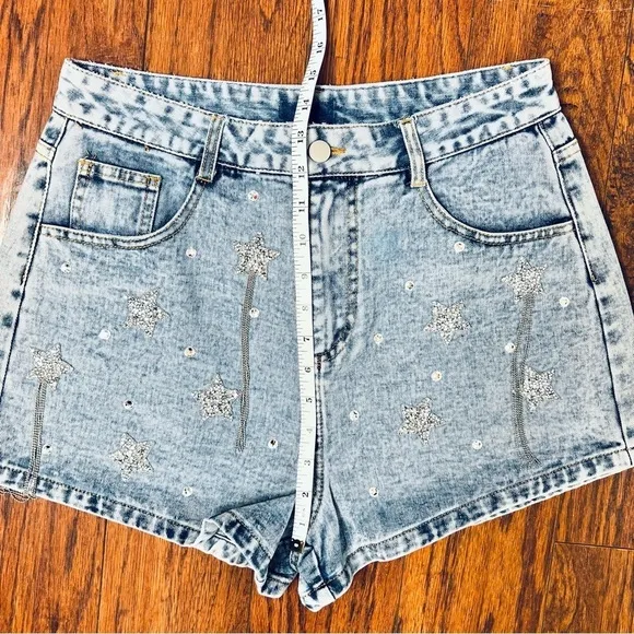 Main Strip Falling Star Celestial Rhinestone Fringe High Rise Denim Jean Shorts