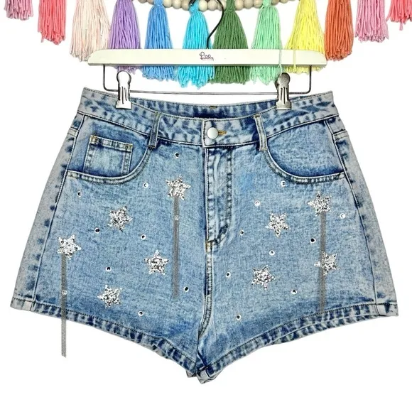 Main Strip Falling Star Celestial Rhinestone Fringe High Rise Denim Jean Shorts