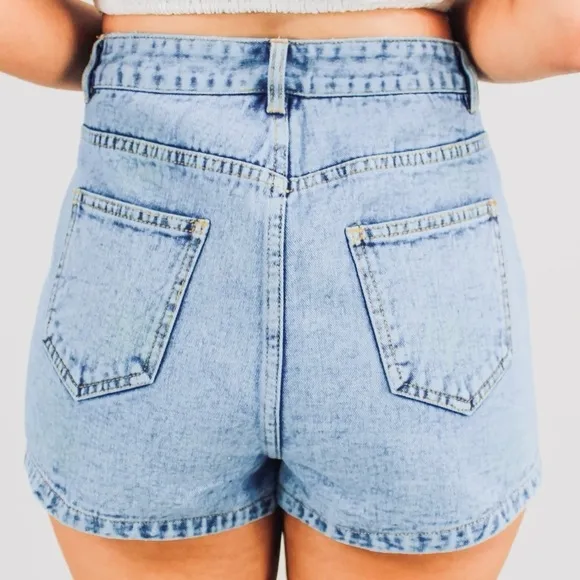 Main Strip Falling Star Celestial Rhinestone Fringe High Rise Denim Jean Shorts
