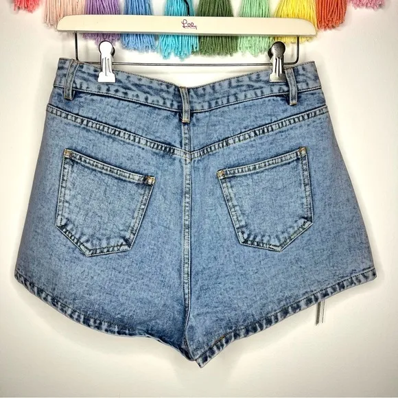 Main Strip Falling Star Celestial Rhinestone Fringe High Rise Denim Jean Shorts
