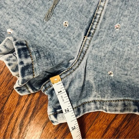 Main Strip Falling Star Celestial Rhinestone Fringe High Rise Denim Jean Shorts