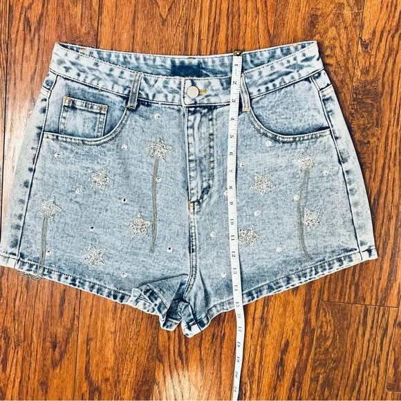 Main Strip Falling Star Celestial Rhinestone Fringe High Rise Denim Jean Shorts