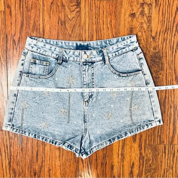 Main Strip Falling Star Celestial Rhinestone Fringe High Rise Denim Jean Shorts