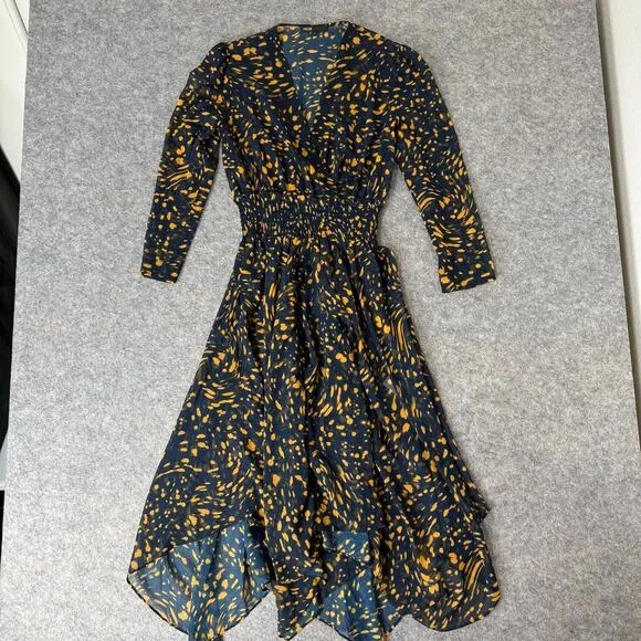 Maje Women’s Navy/Yellow Spotted Sheer Asymmetrical Long Sleeve Midi Dress Sz 3
