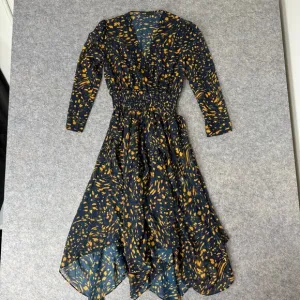 Maje Women’s Navy/Yellow Spotted Sheer Asymmetrical Long Sleeve Midi Dress Sz 3