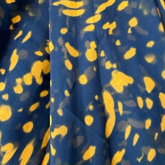 Maje Women’s Navy/Yellow Spotted Sheer Asymmetrical Long Sleeve Midi Dress Sz 3