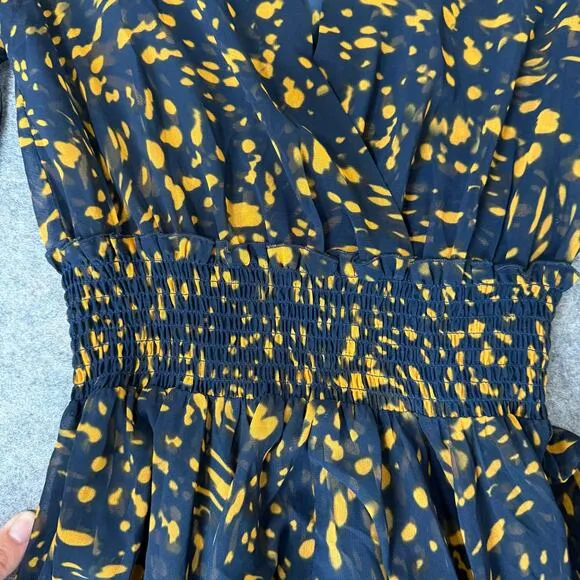 Maje Women’s Navy/Yellow Spotted Sheer Asymmetrical Long Sleeve Midi Dress Sz 3