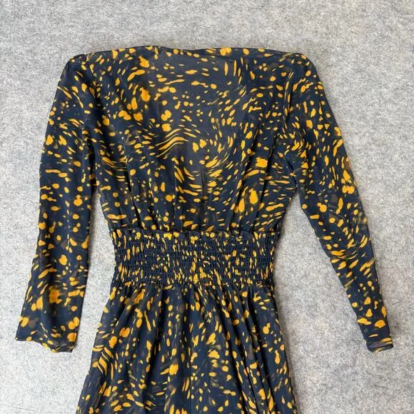Maje Women’s Navy/Yellow Spotted Sheer Asymmetrical Long Sleeve Midi Dress Sz 3