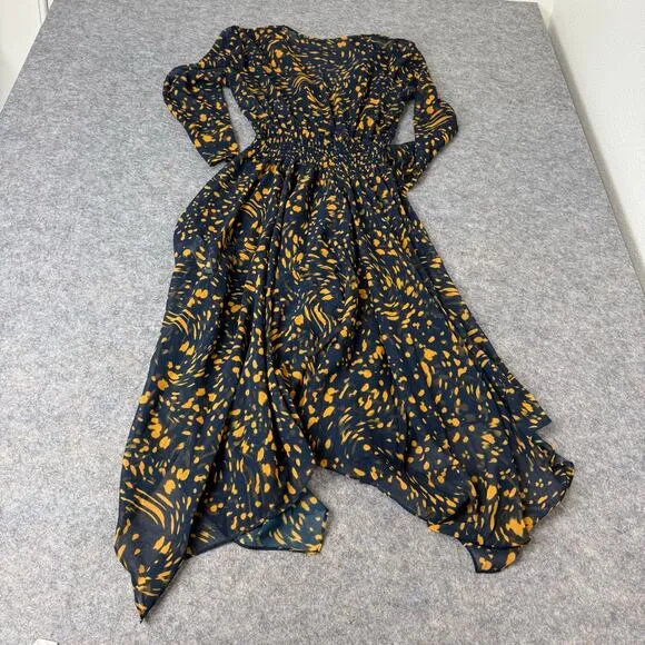 Maje Women’s Navy/Yellow Spotted Sheer Asymmetrical Long Sleeve Midi Dress Sz 3
